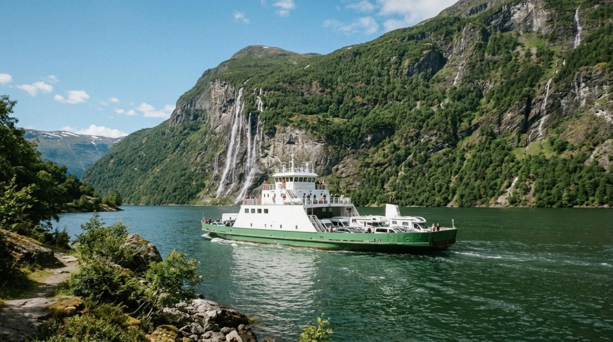The Fjord1 car ferry crossing the Geirangerfjord on the Geiranger Hellesylt ferry route in Norway