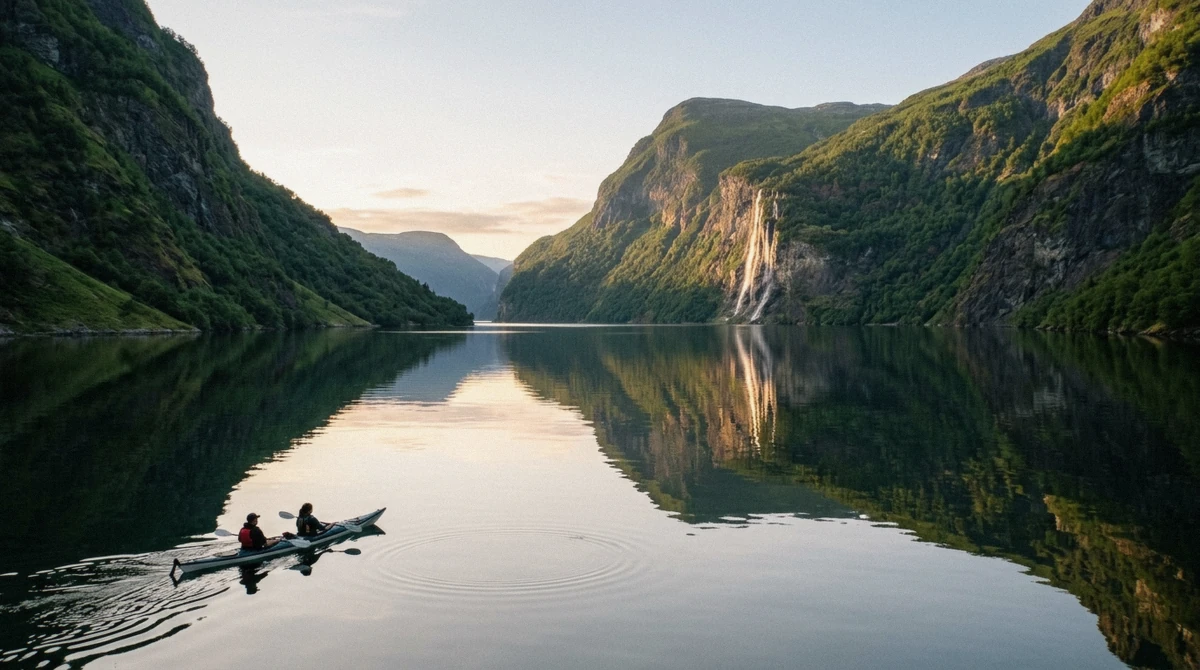 Calm fjord water on a mild day, illustrating what to wear on a fjord cruise in Geiranger, Norway