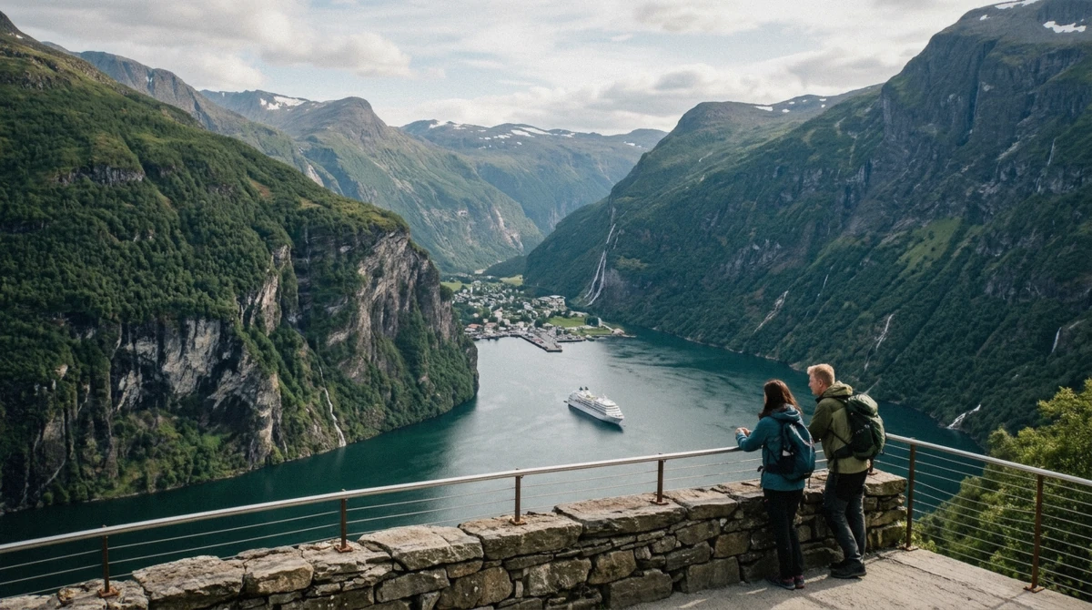 View from Ørnesvingen over Geiranger village and a cruise ship on a Geiranger fjord cruise day in Norway